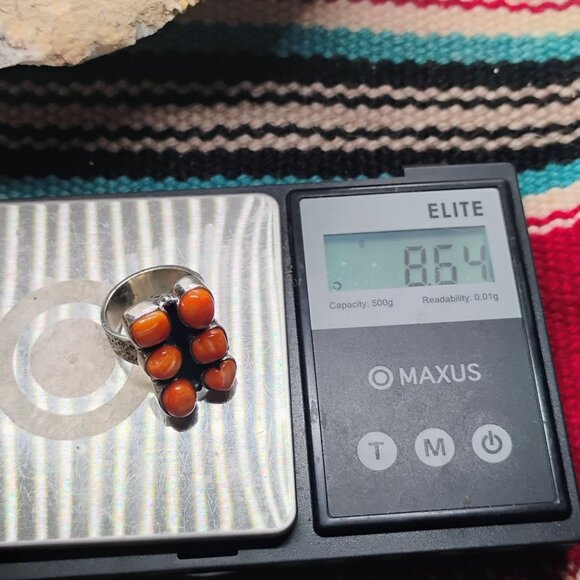 Southwest Sterling Silver Orange Spiny Oyster Shell Cluster Ring Size 6 Handmade - Picture 9 of 9